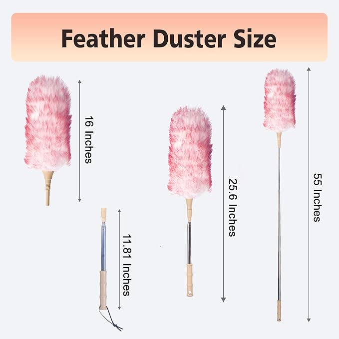 Lambswool Duster Extendable 22–55 Inch Natural Wool Duster with Flexible Head for Ceilings Furniture Blinds Electronics Washable Reusable-Red