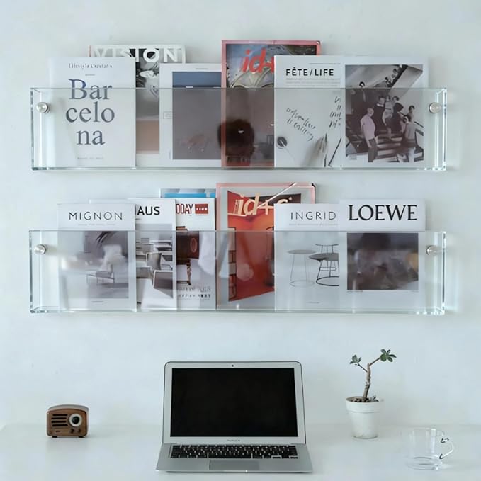 ROYALITA 2-Pack Acrylic Magazine Holder Brochure Holder, Clear 36 Inch | Record Magazine Rack, Fashion Floating Bookshelf, Literature Storage Rack for Waiting Room, Living Room, Office