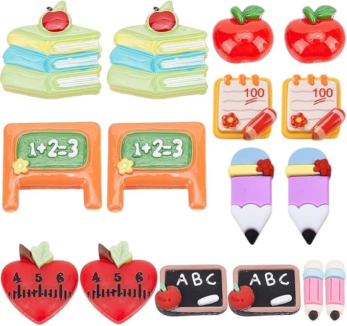 SUNNYCLUE 1 Box 32Pcs Teacher Charms Flatback School Resin Cabochons Best Teacher Student Red Apple Cabochon Pencil Notebook Heart Flatbacks for Jewelry Making Scrapbooking Embellishments Hair Clips