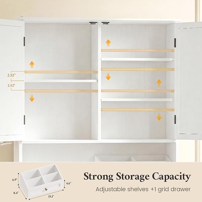 Over The Toilet Storage Cabinet with Adjustable Shelves & 2 Doors, Bathroom Storage Cabinet with One 4-Section Drawer, Towel Holder & Toilet Paper Holder for Bathroom, Laundry Room