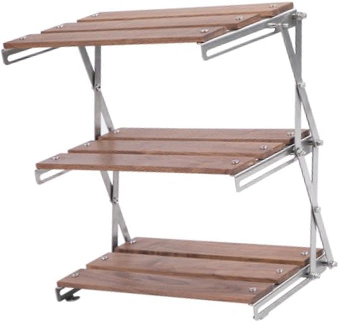 Topyond 3-Tier Storage Shelf Racks, Folding She lf Storage Rack, Strong Load Bearing Fine Polishing Metal Beech Wood Camping Organizer for Outdoor Camping(Chrome-Plated Shelf)