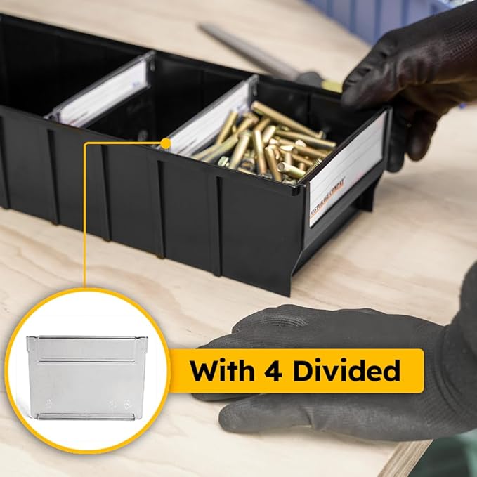 Storage Bin, Multibox RK401606 With 4 Dividers, Drawer Organizer, Multipurpose Plastic Stacking Container, Black, 16x4x6 Inches, Medium Size, 12 pack