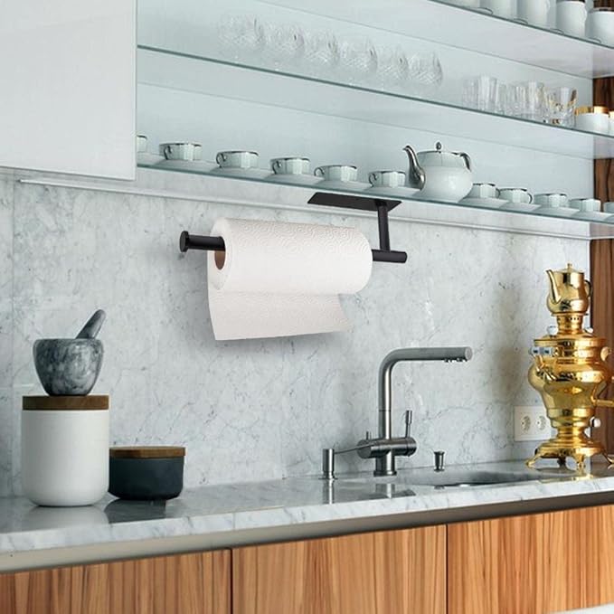 Paper Towel Holders for Kitchen- Under Cabinet Paper Towel Holder Roll Back for Bathroom Towel, Wall Mounted Black Paper Towel Rack 304 Stainless Steel, Adhesive or Drilling Mounting