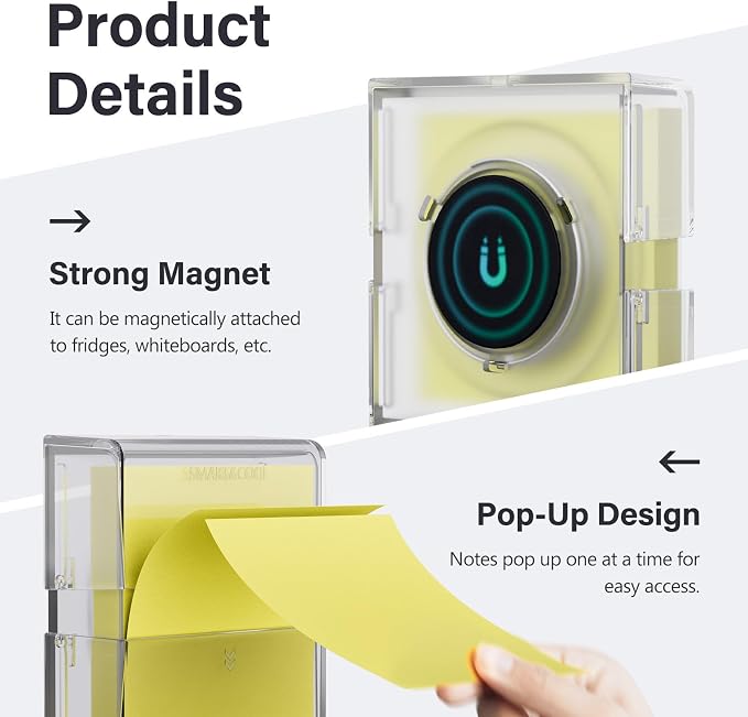 SMART&COOL Magnetic Pop-Up Note Dispenser for 3 x 3 in Accordion-Style Sticky Notes, Sticky Note Holder for Fridge, File Cabnets or Office Supplies, 1Pack, Clear (Notes Not Included)