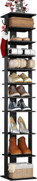 HOMEFORT 10-Tier Vertical Shoe Rack, Corner Shoe Tower, Slim Shoe Organizer with Two Hanging Hooks, Wooden Shoe Storage Stand for Entryway, Hallway, Closet (Black)