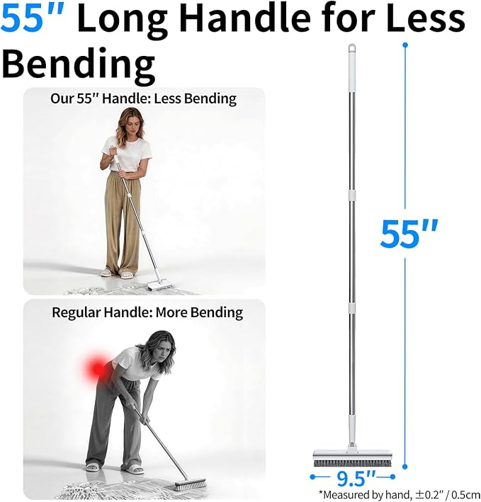 Floor Scrub Brush with 55" Long Handle, 2-in-1 Floor Brush with Built-in Squeegee, Adjustable Angle Head and Stiff Bristles for Tile, Wood, Concrete & Textured Floor Cleaning