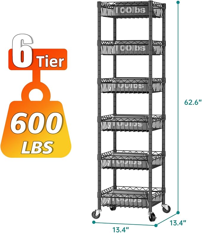 SINGAYE 6 Tier Shelf Wire Shelving Adjustable Storage Shelves Basket Rack | Adjustable Shelves with Wheels Metal Storage Unit Closet Bathroom Organizers Pantry Kitchen Garage Laundry Room Black