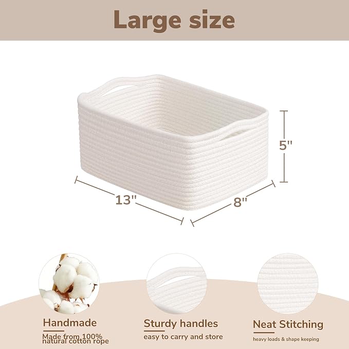 Goodpick Baskets for Organizing, Shelf Toy Basket for Organizing, Toy Organizer, Woven Rope Shelf Organizer 3 Pack for Nursery Organization, White, 13 x 8 x5 in