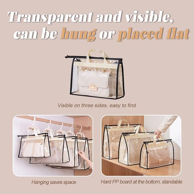 5 PCS Hanging Handbag Storage Organizer Non-Woven Transparent Dust-proof Homewares Purse Wallet Closet Storage Bag with Zipper and Handle (M)