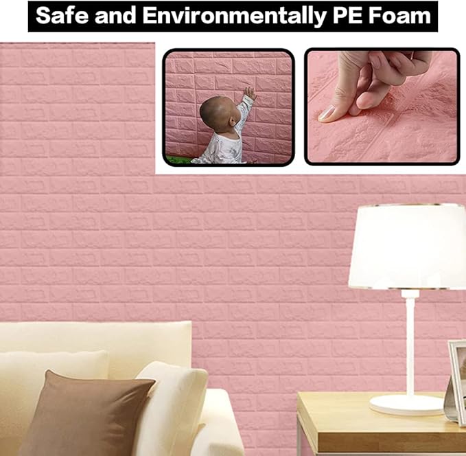 10 PCS Pink 3D Wall Panels, 14.5 sq.feet Coverage, Printable Wallpaper Sticker with Self-Adhesive Waterproof Brick PE Foam Wall Panels Peel and Stick for Interior Wall Decor Home Decoration