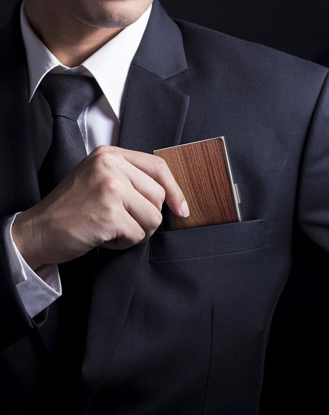 MaxGear Stainless Steel Business Card Holder, Slim Card Case, Walnut Wood | Soft Interior Lining, Buckle Closure, Fits Standard Business Cards and Credit Cards