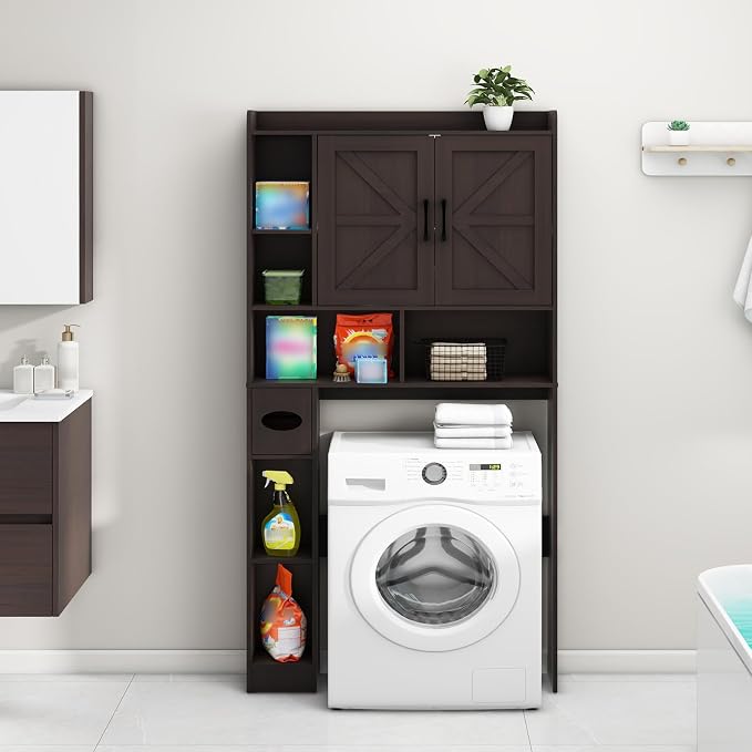 Vabches Over The Toilet Storage Cabinet with 2 Barn Doors, Espresso | Farmhouse Storage Cabinet with Toilet Paper Holder Stand，Home Space-Saving Toilet Rack, for Bathroom, Restroom, Laundry