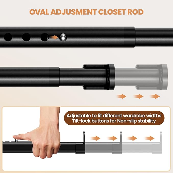 Mavivegue Oval Closet Rod, Adjustable Closet Rods – Expandable 17-40 Inches | Closet Rods for Hanging Clothes, Heavy Duty Closet Rods for Laundry Room, RV, Closet Storage (Black)