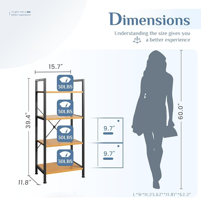 DUMOS 4 Tiers Open Bookshelf, Classic Freestanding Tall Display Shelf, Multifunctional Storage Organizer Rack for Living Room Home Office, Sturdy Bookcase for Books/Movies, Wood | Multifunctional Storage Organizer Rack for Living Room Home Office, Stur...