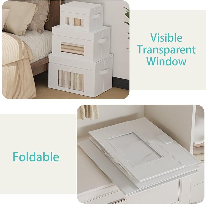 Transparent Window Storage Bin, Cube Organizer Basket with Flip-Top Lid and 2 Handles, Decorative Boxes with Cover, 4 Pack, White, 13 x 9 x 7.9 In, XSNY17WM-4
