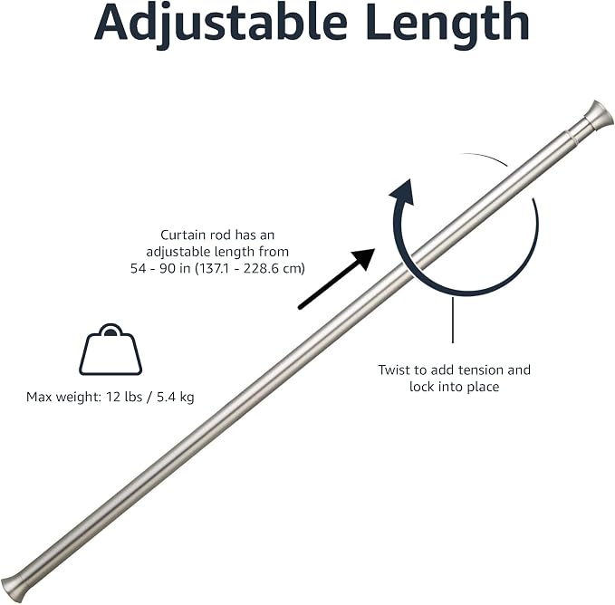 Amazon Basics No Drilling Spring Tension Curtain Rod, Adjustable Length 54-90" Width, Classic Finial, Nickel