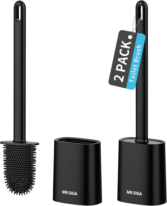 MR.SIGA Toilet Brush and Holder Set, Wall Mounted Toilet Bowl Brush, Black | Space saving design, flexible thermoplastic rubber bristles, easily cleans hard to reach areas, pack of 2
