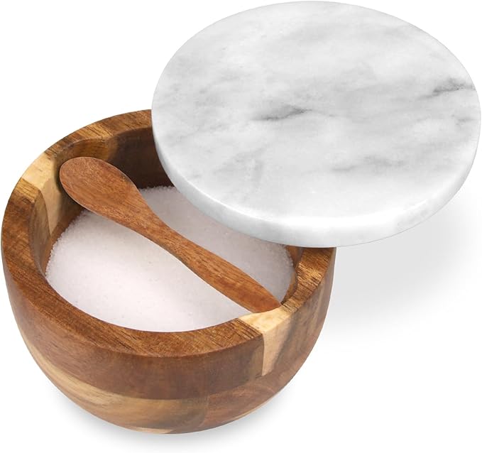 Salt Cellar Box with Lid & Spoon, Modern White Stone Salt or Pepper Sugar Spice Seasoning Bowl Container Jar Holder Well Keeper Dish Pig Crock for Kitchen (White Grey Marble Lid)