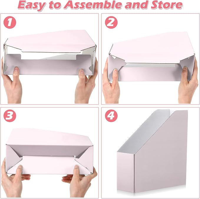 Teling 15 Pack Pink Magazine File Holder, 10.6" H x 10.2" L x 3.5" W, Foldable Cardboard Document Storage Box for Shelves, Book Bin Desk Organizer for Office Home Classroom