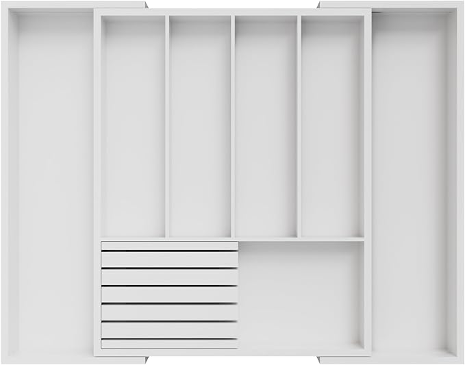 Bamboo Kitchen Silverware Drawer Organizer - Expandable Wood Utensil Holder with Dividers, Luxury Cutlery Storage Tray for Kitchen Utensil and Flatware (5-7 Slots with Removable Knife Block, (White)
