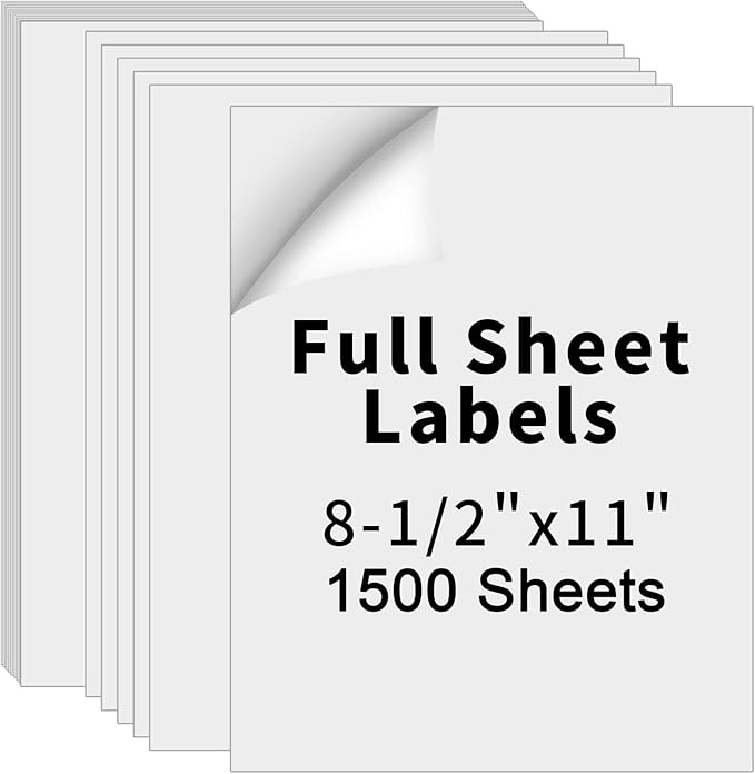 8.5" x 11" Full Sheet Label Sticker Paper for Laser & Inkjet Printers,Self Adhesive Full Page Shipping Labels,Printable White Matte Mailing Label Stickers(1500 Sheets,1500 Labels)