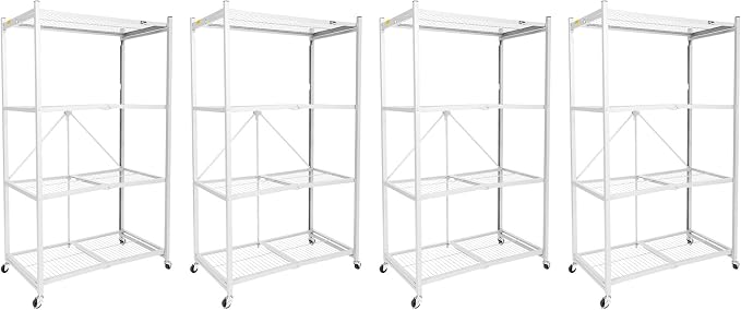 Origami 4-Pack R5 Storage Rack, 4-Tier Heavy-Duty Foldable Steel Shelf with Wheels, White