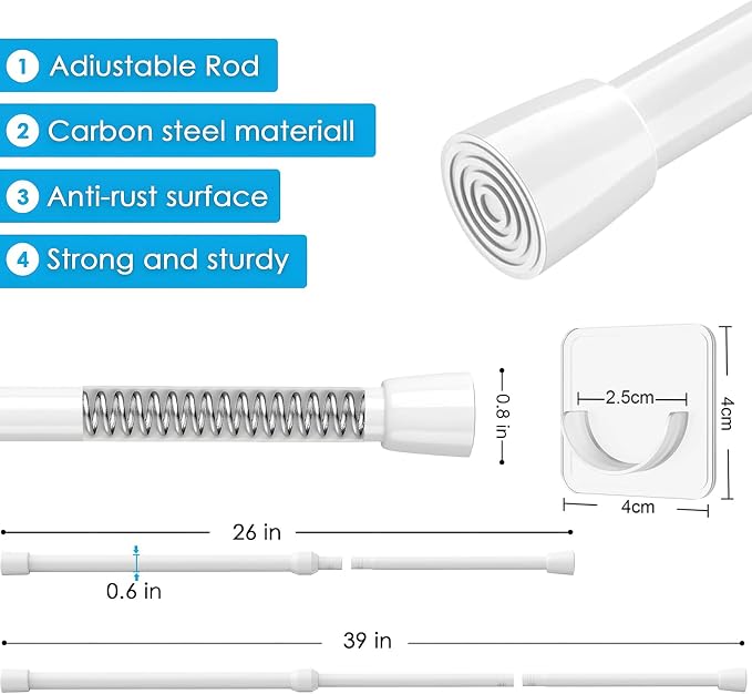 MEXAU 1Pcs Spring Tension Curtain Rod 26-39 inch Spring Tension Rods White Tension Rods Adjustable Spring Rod Extendable Tension Rod For Kitchen, Window, Bookshelf,Closet.