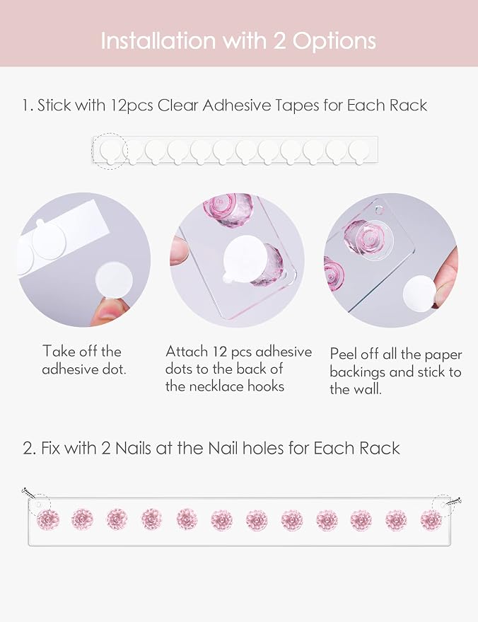 Heesch Necklace Holder, Wall Necklace Hanger, Acrylic Jewelry Organizer | Wall Mount Jewelry Hooks for Necklaces, Bracelets & Chains, Hanging Organizer and Storage, 2-Pack Pink