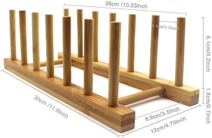 INNERNEED Bamboo Wooden Dish Rack, Vertical Plate & Lid Organizer | for Kitchen Cabinet or Countertop, Drying Stand for Dishes, Cutting Boards