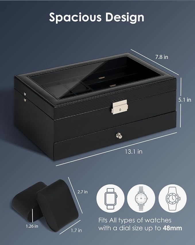 Kukikan Watch Jewelry Box Organizer, 6-Slot 2-Layer Case and Sunglasses Storage with Large Glass Lid, Men's Jewelry Box with Lock, Watch Holder Display Case, Fathers Day Gift, All Black