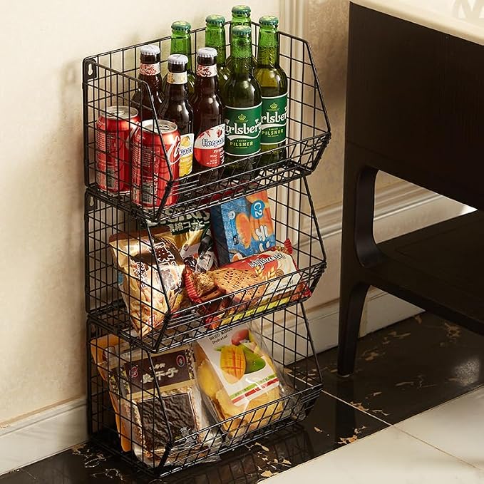 3 Tier Hanging Foldable Wire Baskets Closet Organizer Clothes Shelves Countertop Caddy Bin Wall Mount Shelf Storage Basket for Clothing Handbags Snacks Drinks Fruits