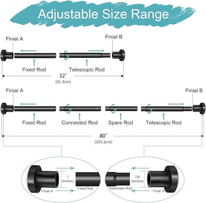 YNL Black Shower Curtain Rod 32-80 Inch(2.7-6.6ft), Non-Slip, Never Rust, Stainless Steel No Drill Spring Tension Shower Rod, Telescoping Curtain Rod for Bathroom Window Living Room