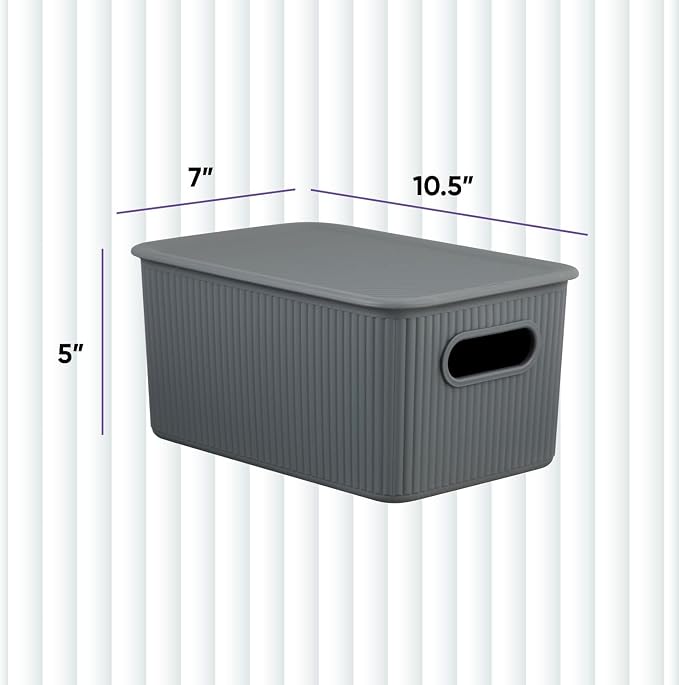Decorative Plastic Basket Lidded Home Storage Bins Organizer Baskets, Medium Grey (1 Pack - 5 Liter) Stackable Container Box, for Organizing Closet Storage Bins for Shelves - Ribbed Collection