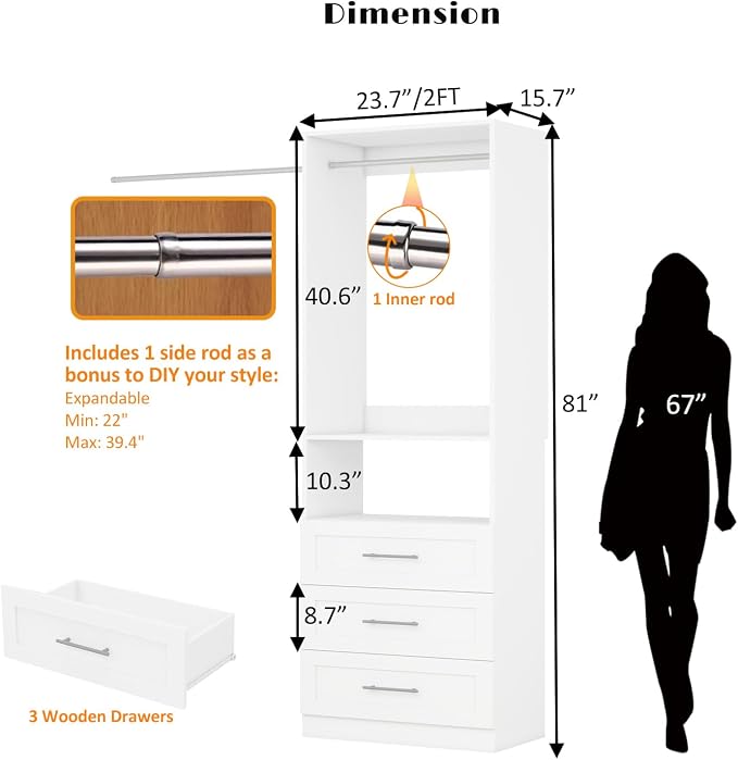 Closet System with Drawers, 2FT Closet Organizer System 23.7" Wood Walk-in Closet Shelf Corner Small Closets Storage System with Hanging Rods Modular White (2FT)