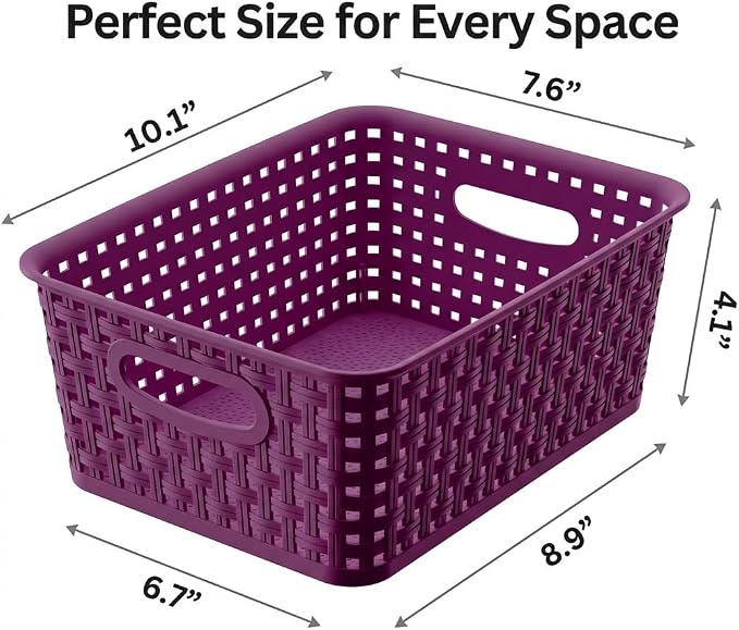 Dark Purple Organizing Baskets, Stackable Pantry Organizers and Basket Set of 12, Plastic Storage Baskets for Shelves, Classrooms, Kitchens, Laundry Room, Bathrooms and Bedrooms