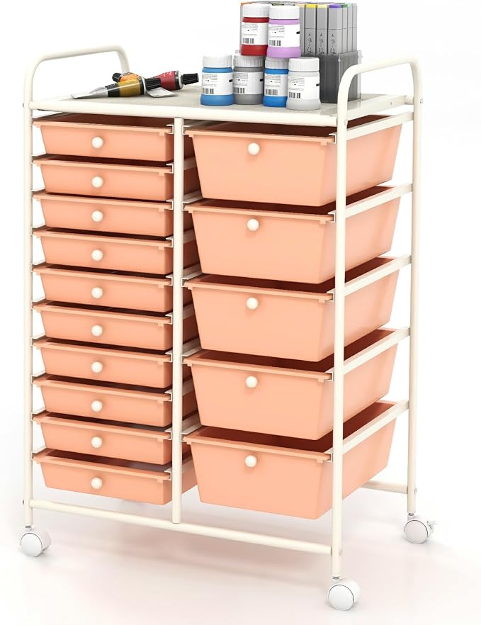 Moccha 15-Drawer Rolling Storage Cart - Under Desk Storage Drawers with wheels for Craft Art Supply Paper Salon, Scrapbook Paper Tools, Mobile Utility Cart for Classroom (15 Drawers, Peach)
