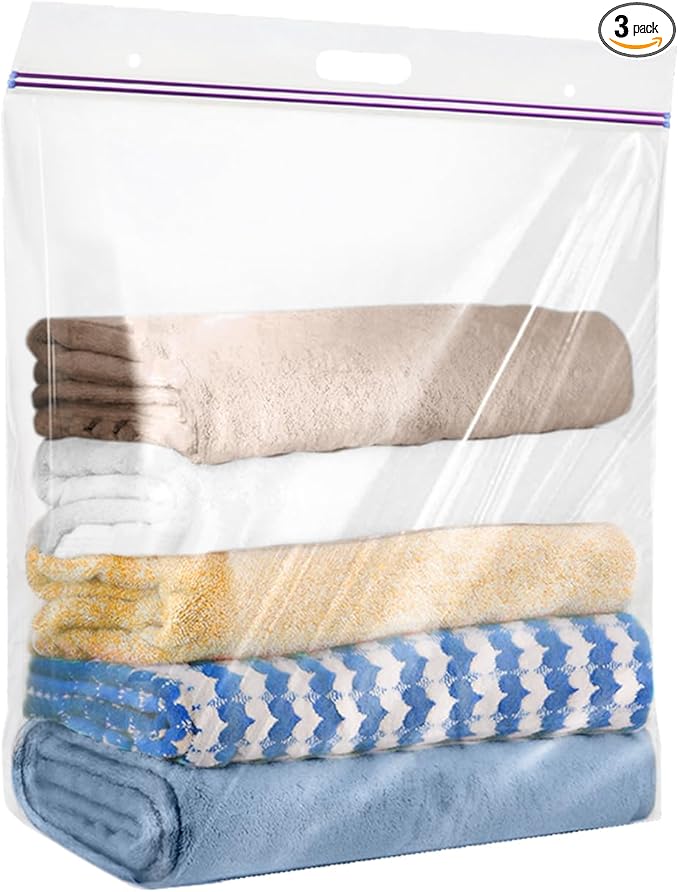10 Gallon Large Handy Storage Bags, Pack of 3, 24"x24" Clear Plastic Zipper Storage Bags with Handle, Resealable Heavy Duty Jumbo Ziplock Storage Bag for Linens, Clothes, Baby，Sports, 3 Mil Thick