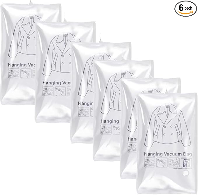 Hanging Vacuum Storage Bags for Coats, Hanging Vacuum Sealer Storage Space Saver Bags, Reusable Thickened Hanging Vacuum Bags with Hooks for Closet, for Clothes, Suits, Dresses, Coats (6 pcs-S)