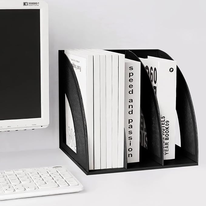 A4 File Holder Magazine File Folder Desk Organizer, 3 Vertical Compartments Bookshelf Document Divider Paper Box Bookends for Office Home Organization and Storage Racks