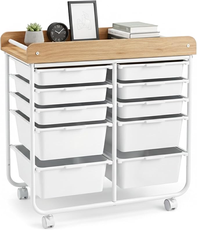 LDAILY Rolling Cart with Drawers, 10 Drawer Rolling Storage Cart with Wooden Tabletop, Metal Frame & Lockable Wheels, Craft Organizers and Storage for Home Office Classroom (White, 10 Drawer)