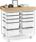 LDAILY Rolling Cart with Drawers, 10 Drawer Rolling Storage Cart with Wooden Tabletop, Metal Frame & Lockable Wheels, Craft Organizers and Storage for Home Office Classroom (White, 10 Drawer)