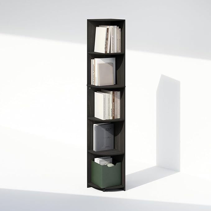 Furinno Basic Book Shelf, 5-Tier Bookshelf, Bookcase with Multipurpose Corner Shelf, 12 x 12 x 70.8, for Living Room, Bedroom, Home Office, Espresso