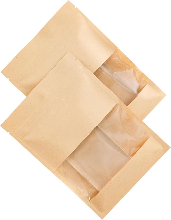 100PCS Resealable Kraft Paper Packaging Bags with Clear Window, Food Grade Heat Sealed Zipper Pouches for Coffee, Tea, Nuts, Snacks, Cookies (Kraft, 13 * 18CM/5.0"*7.1"-100PCS)