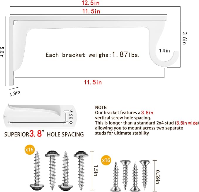 Heavy Duty Closet Rod Support Brackets 12 x 5.6In 400lbs Capacity | White 4 Pack Wall Mounted Closet Shelf Brackets with Rod Holder for Wardrobes and Walk-in Wardrobes