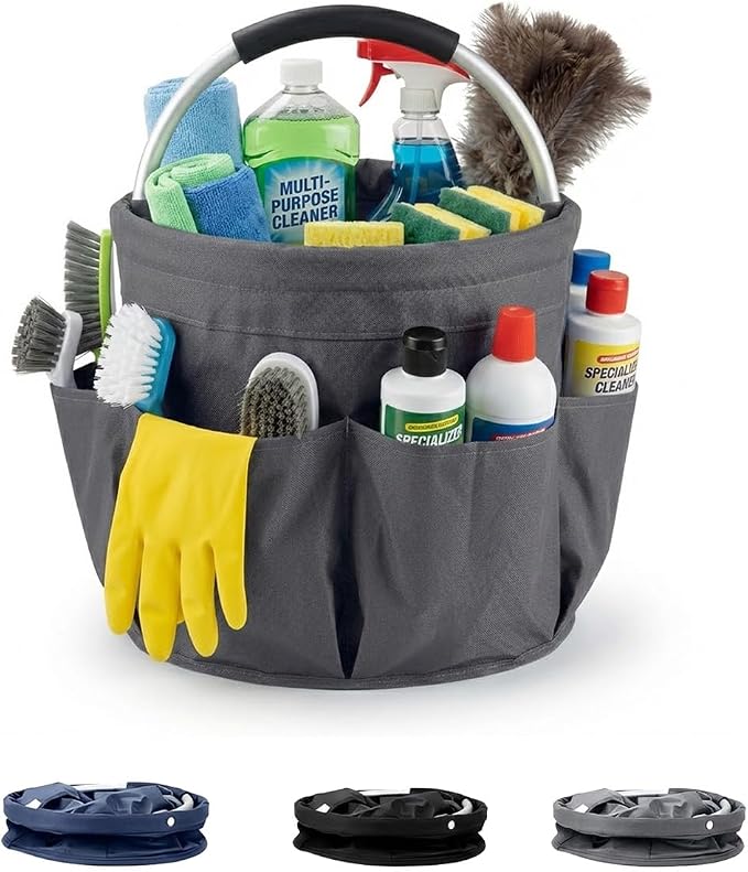 Foldable Cleaning Caddy with Handle 17L Large Cleaning Supplies Organizer 600D Oxford Portable Bucket Basket with 6 Pockets for Home Bathroom Garden Garage - Gray