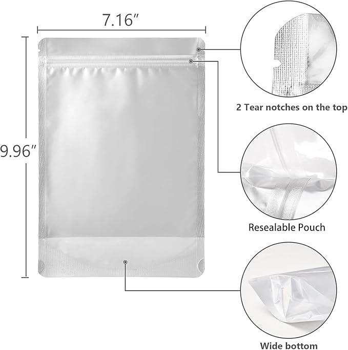 LZLPACKING 100 Pieces Mylar Bags Smell Proof Bags Resealable Bags for Small Business with Clear Window stand up Bags for Food Storage and Lip Gloss, Jewelry, Eyelash Packaging (7 x 10 Inch)