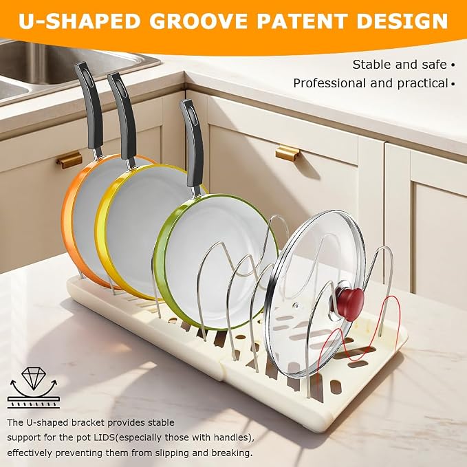 Pot and Pan Organizer for under cabinet, Expandable Pan Organizer for Cabinet, Pot Lid Holder with 10 Adjustable Compartments for Kitchen Cabinet Cookware Baking Frying Rack(White)