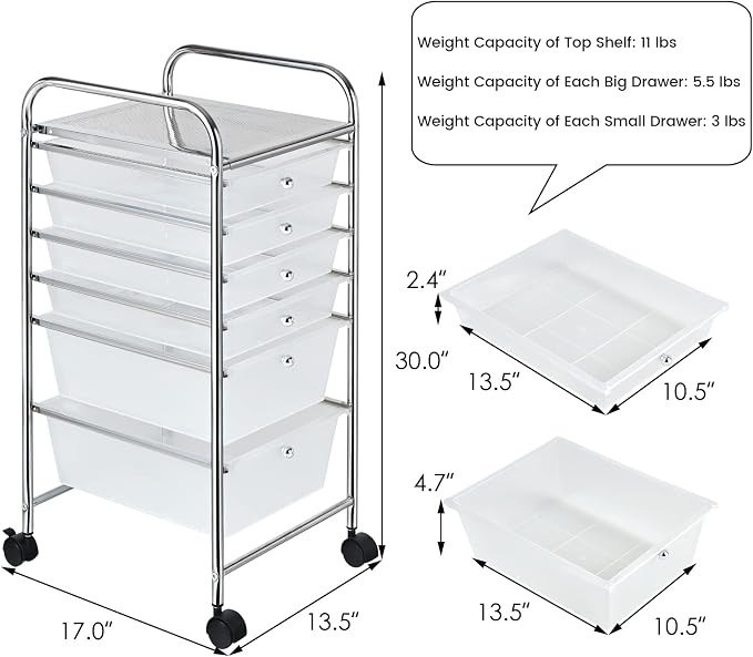 DREAMADE Rolling Cart with Storage Drawers, Utility Cart with Removable Plastic Drawers, Lockable Wheels, Art Cart for Classroom Organization Art Supplies Office Scrapbook (6 Drawers, Transparent)