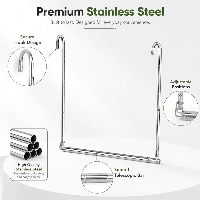 2 Pack Hanging Closet Rod Stainless Steel, Adjustable Width & Height 16–27.5 in Closet Rod Extender with 360° Rotating Hooks, Space-Saving Closet Hanging Organizer for Clothes, Pants, Skirts, Towels
