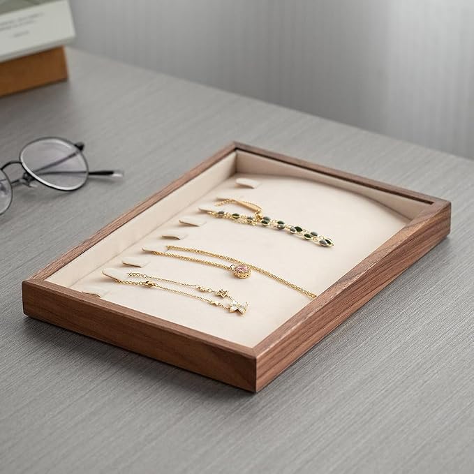 9 Grid Black Walnut Wood Jewelry Tray with Velvet Lining, Stackable Jewelry Organizer for Necklace, Bracelet & Pendant Storage, Premium Elegant Jewelry Drawer Organizer for Women